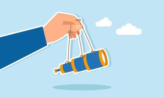 A hand manipulates a telescope using strings attached to fingers and the telescope, illustration of evaluation and monitoring vector