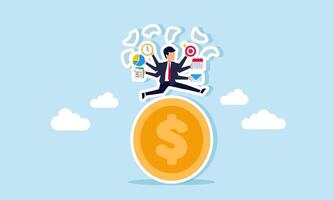 A businessman with multiple hands, each holding a work icon, runs around a dollar coin, illustration of multitasking ability in managing business finances vector