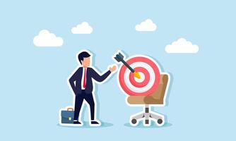 A businessman talks with a target board placed on an office chair, illustration of business target evaluation vector