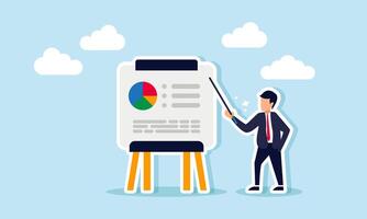 A businessman explains a board containing data and a pie chart, illustration of business market share socialization and education vector