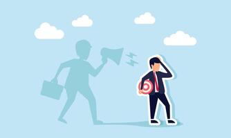 A sad businessman holds a target board while his shadow behind him yells with a megaphone, illustration of lack confidence in complete his work target and need motivation vector