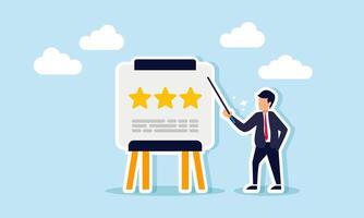 A businessman explains a board containing data and a row of three stars, illustration of business quality improvement strategy socialization and education vector