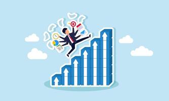 A businessman with multiple hands, each holding a work icon, runs up a graph made of stacked boxes, illustration of multitasking ability in supporting business career growth vector