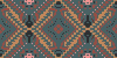 Pixel Ikat Print Patternfolk Embroidery, Aztec Geometric Ornament Print. Design for Carpet, Wallpaper, Clothing, Wrapping, Fabric vector