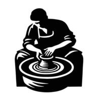 A black and white potter making a pot on a wheel vector