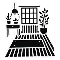 A black and white illustration of a room with a window and plants vector