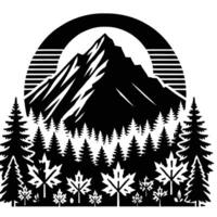 A black and white illustration of a mountain and trees vector