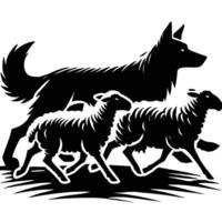 A black and white silhouette of a dog and sheep vector