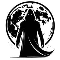The silhouette of a man in a cloak standing in front of a full moon vector