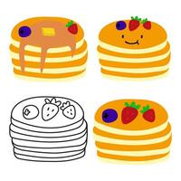 Set of pancakes. Flat and outline design. Hand drawn isolated icons. Illustrations on white background. vector
