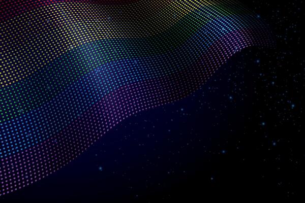 Colorful dotted waves form a rainbow pattern above a dark, star filled space background.