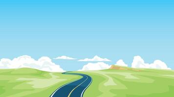 Stylized landscape a winding road leading into the distance. Fluffy white clouds dot a bright blue sky above rolling green low hills. Whimsical scene that evokes a sense of journey and open space. vector