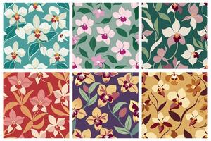 A set of six different floral patterns with orchid flowers vector