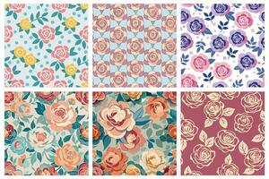 A set of six different floral patterns with rose flowers vector
