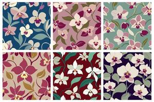 A set of six different floral patterns with orchids vector