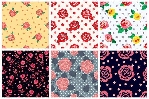 A set of six different floral patterns with roses