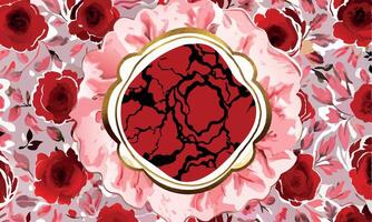 A red and white floral pattern with a cracked frame vector