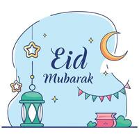 Elegant Eid Mubarak Greeting with Lanterns and Moon vector