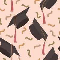 Seamless pattern with graduation hats thrown up with confetti. vector