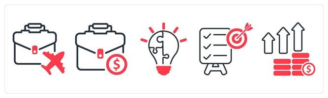 Set of five business icons as business travel, work, innovation vector