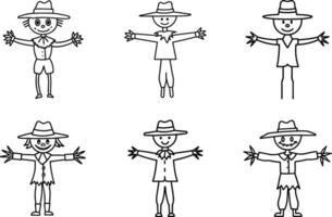 Set of Hand-Drawn Scarecrow Line Art Illustrations for Autumn and Fall Themes vector
