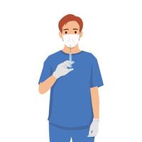 Healthcare professional wearing a mask and gloves, holding syringe in preparation for an injection. vector
