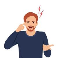 Angry man gestures intensely with his hand and points to his head, emphasizing frustration. vector