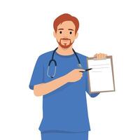 Doctor in blue scrubs with a stethoscope around his neck, pointing at a clipboard with a document. vector