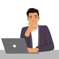 Thoughtful man sits at a desk with a laptop, holding a pen and appearing deep in concentration. vector