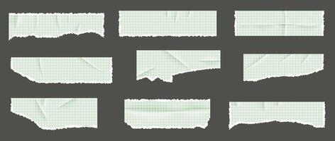 A kit of pieces of torn chequered paper from a maths notebook. A sheet of stickers with crumpled sticker. realistic glued texture. Elements for collage, poster, banner. vector