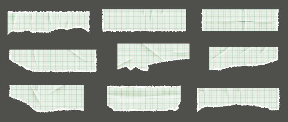 A kit of pieces of torn chequered paper from a maths notebook. A sheet of stickers with crumpled sticker. realistic glued texture. Elements for collage, poster, banner.