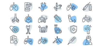A set of line icons on the theme of respiratory health. Lung diseases, asthma, tuberculosis and cancer are presented. vector
