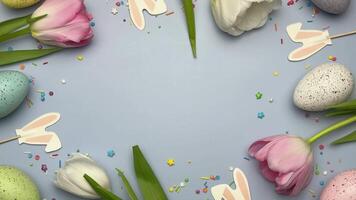 Easter eggs and tulips on a pastel background video