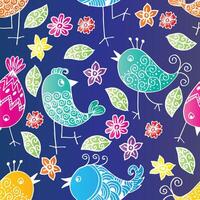 Seamless pattern with birds and flowers on blue background. vector
