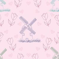Hand drawn seamless pattern with windmill, vector