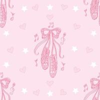 Seamless pattern with ballet pointe shoes, musical notes and hearts. vector