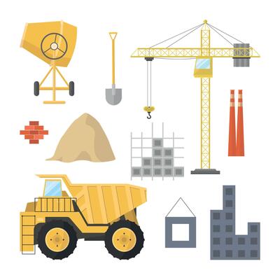 Icons of building elements, transport and equipment.