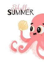 Cute pink octopus shell with cheerful Hello Summer text vector