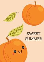 Happy apricot with leaves and sweet summer message on background vector