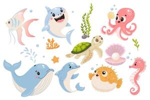 Set of adorable ocean creatures including shark, turtle, dolphin, octopus, and more vector