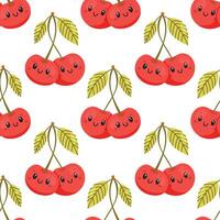 Cherry pattern with smiling faces and green leaves on white vector
