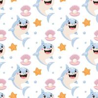 Seamless cartoon pattern with smiling sharks, pink clamshells, pearls, and starfish vector