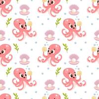 Whimsical underwater pattern featuring a smiling octopus holding a shell with pearls vector