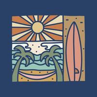 Three part oh the summer vibes, Surfboard, beach view, and sunny sun design for t shirt and print vector