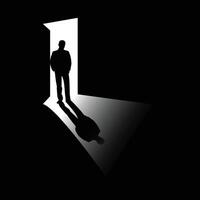 Silhouette of a man walking out through an open door vector