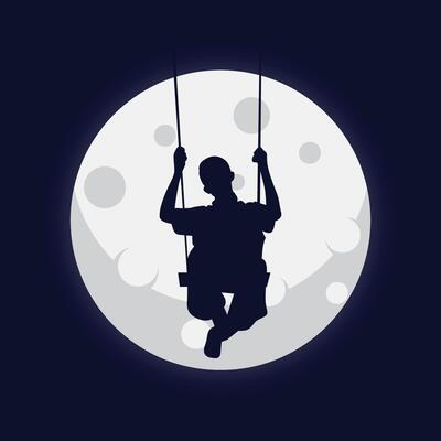 silhouette of people playing swing on moon background