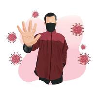 Man in face mask stop warning virus vector