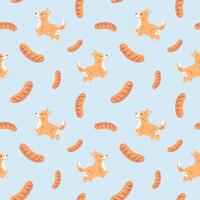 Seamless pattern with cute corgi dogs and meat sausages. Funny print of a pet running after sausages. For packaging pet products, textiles, wrapping paper. vector