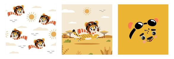 Cheetah Pilot Character Set with Nature Pattern and Smiling Leopard in Aviator Hat vector