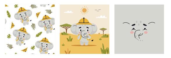 A charming set featuring an African elephant wandering through the wild savanna. Includes a seamless pattern and illustrated postcards with scenic landscapes. Great for invitations vector